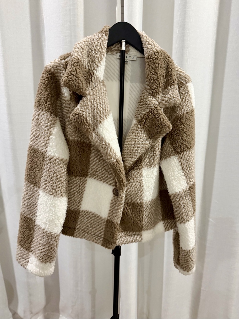 HYFVE Checked Sherpa Teddy Jacket in Cream & Brown - Womens Coat Size Large